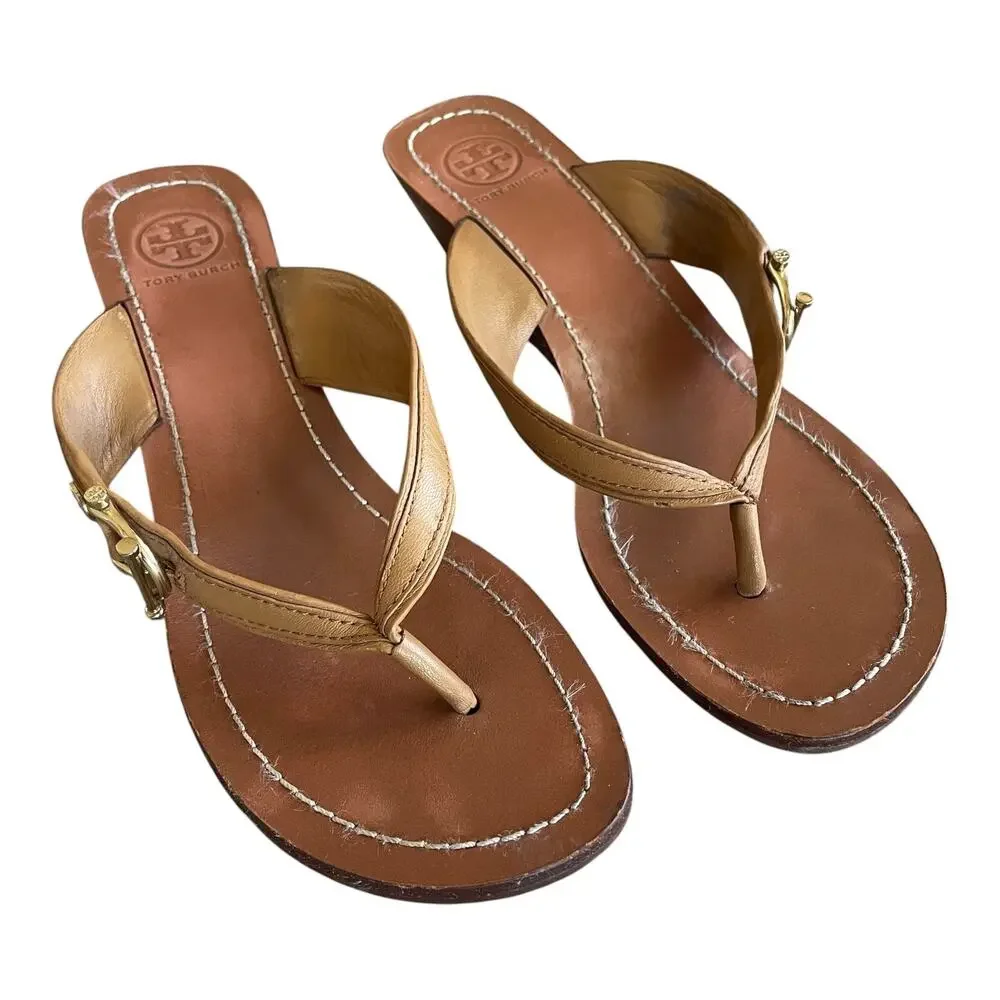 TORY BURCH Nora Mestico Size 7.5 Brown Tan Leather Slip-On Thong Wedge Sandals